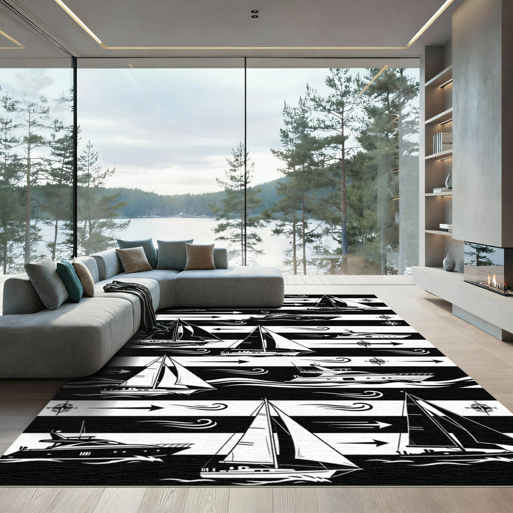 Nautical Sailboat Marine Compass Stripe Rug