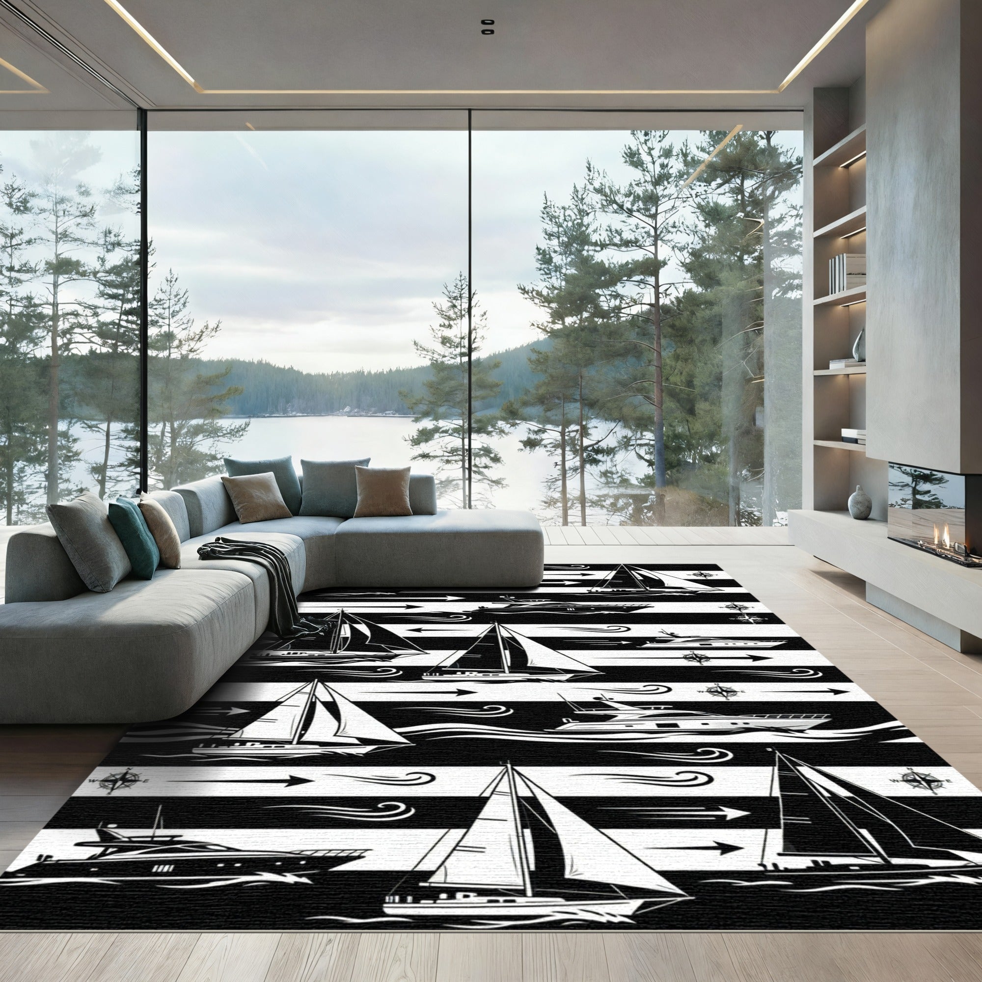 Nautical Sailboat Marine Compass Stripe Rug