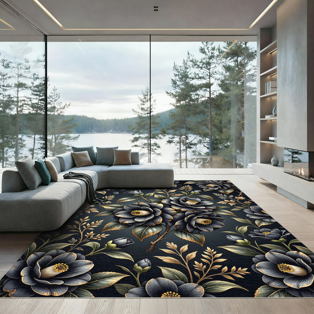 Midnight Black Floral Garden Rug