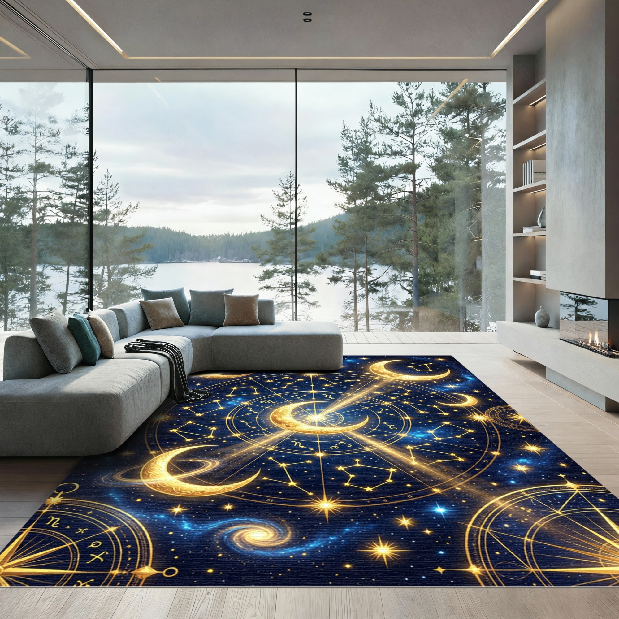 Golden Celestial Constellation Navy Starry Sky Rug