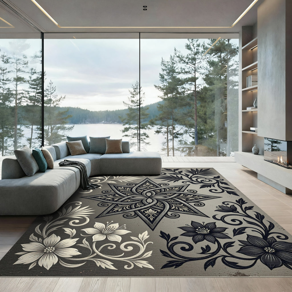 Monochrome Floral Star Symmetry Rug