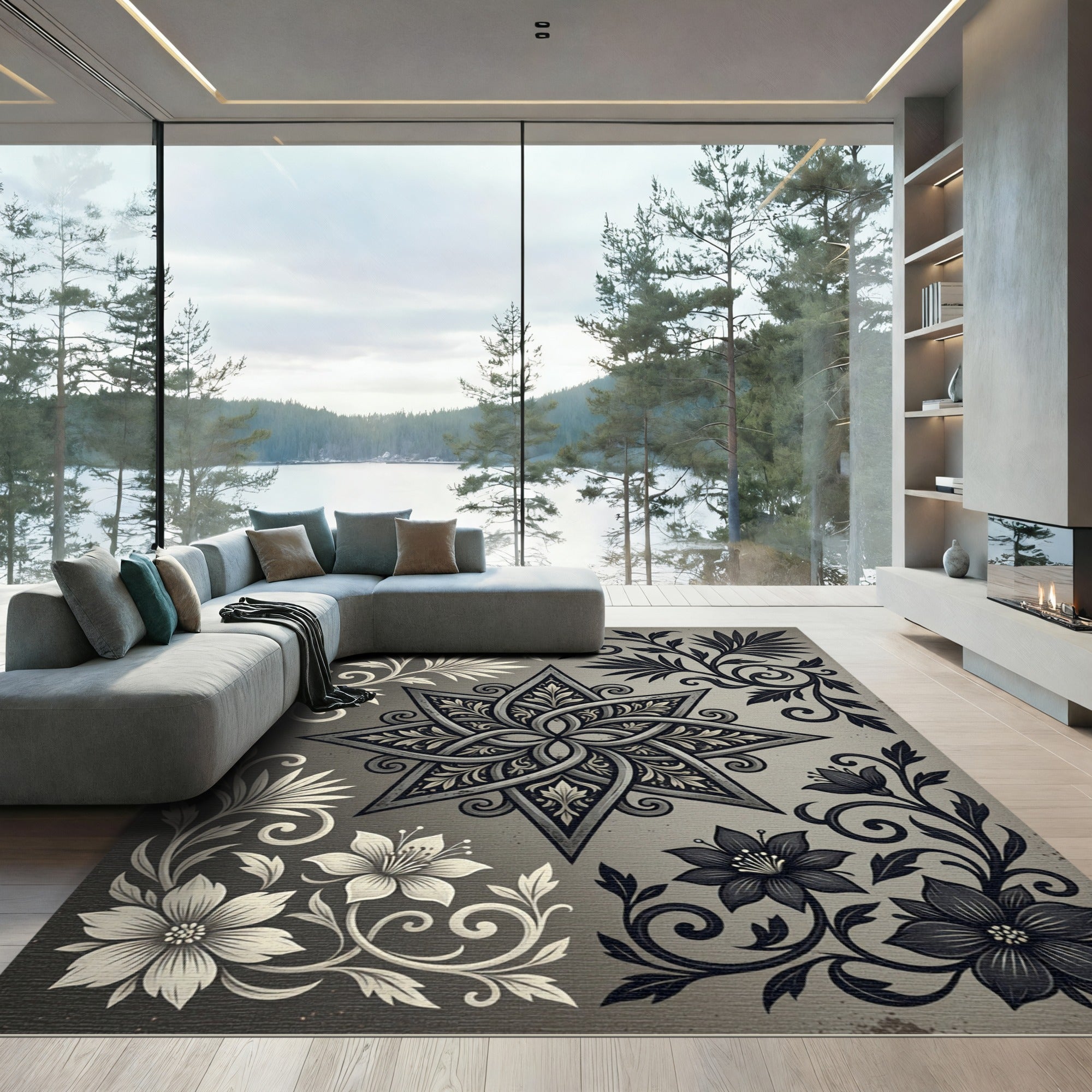Monochrome Floral Star Symmetry Rug