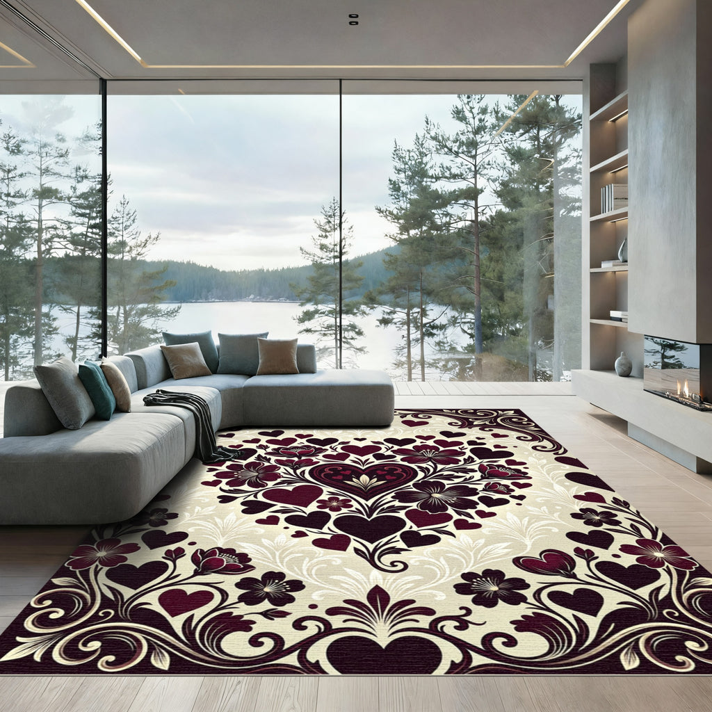 Crimson Heart Floral Scrollwork Border Rug