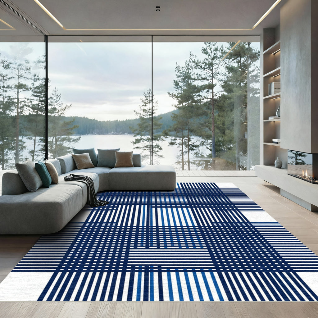 Classic Blue Plaid Stripe Rug