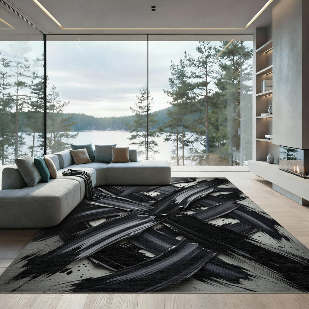 Bold Black Abstract Impasto Stroke Rug