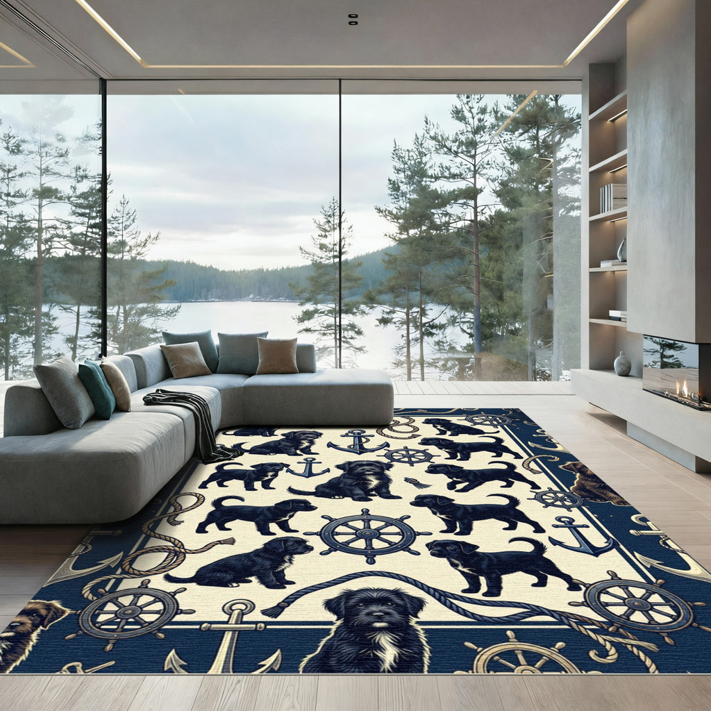Nautical Black Puppy Anchor Helm Navy Rug