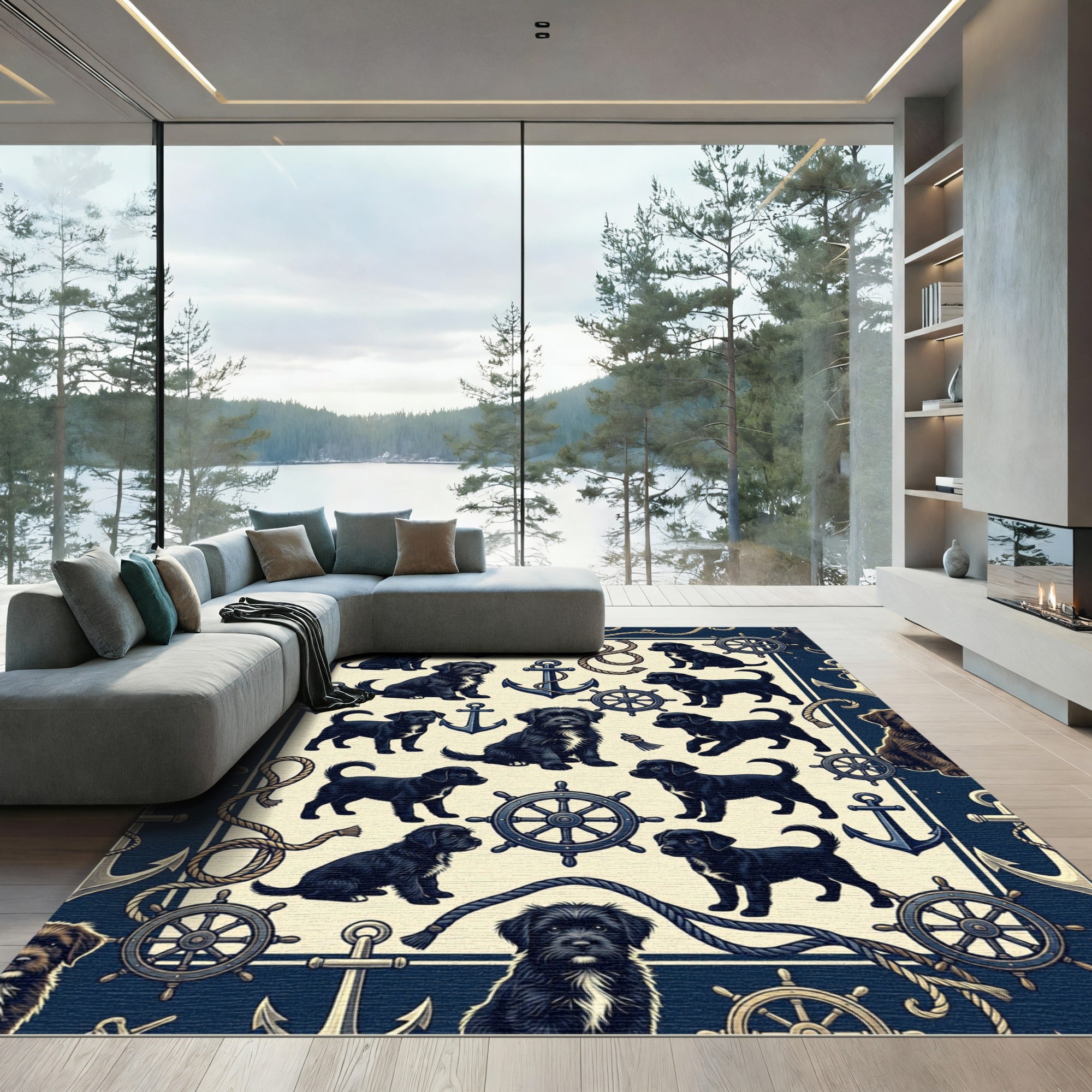 Nautical Black Puppy Anchor Helm Navy Rug