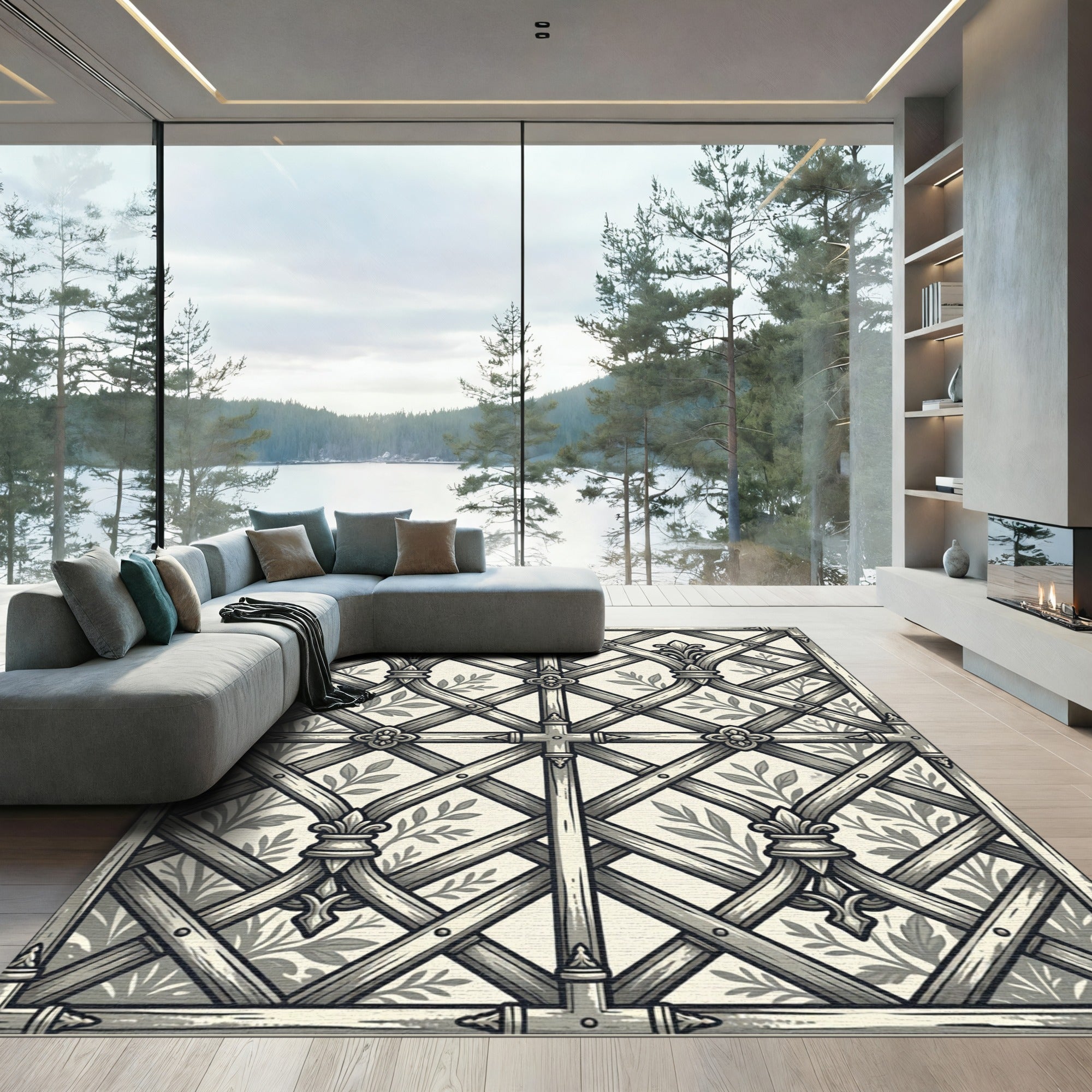 Neutral Bamboo Arch Lattice Garden Rug