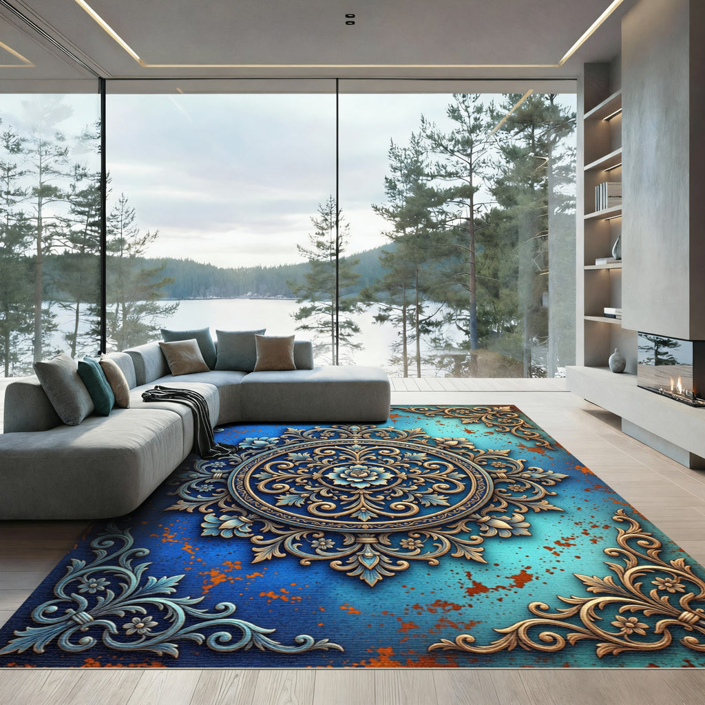 Gilded Blue Ornamental Floral Medallion Rug