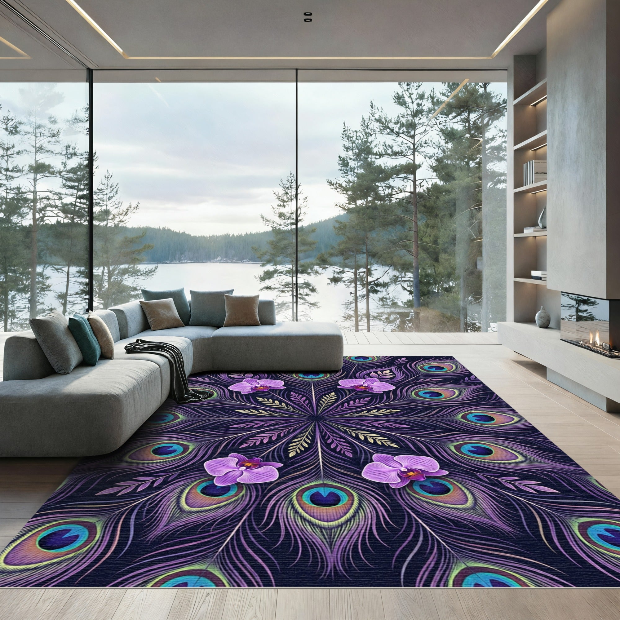 Purple Peacock Feather Orchid Mandala Rug