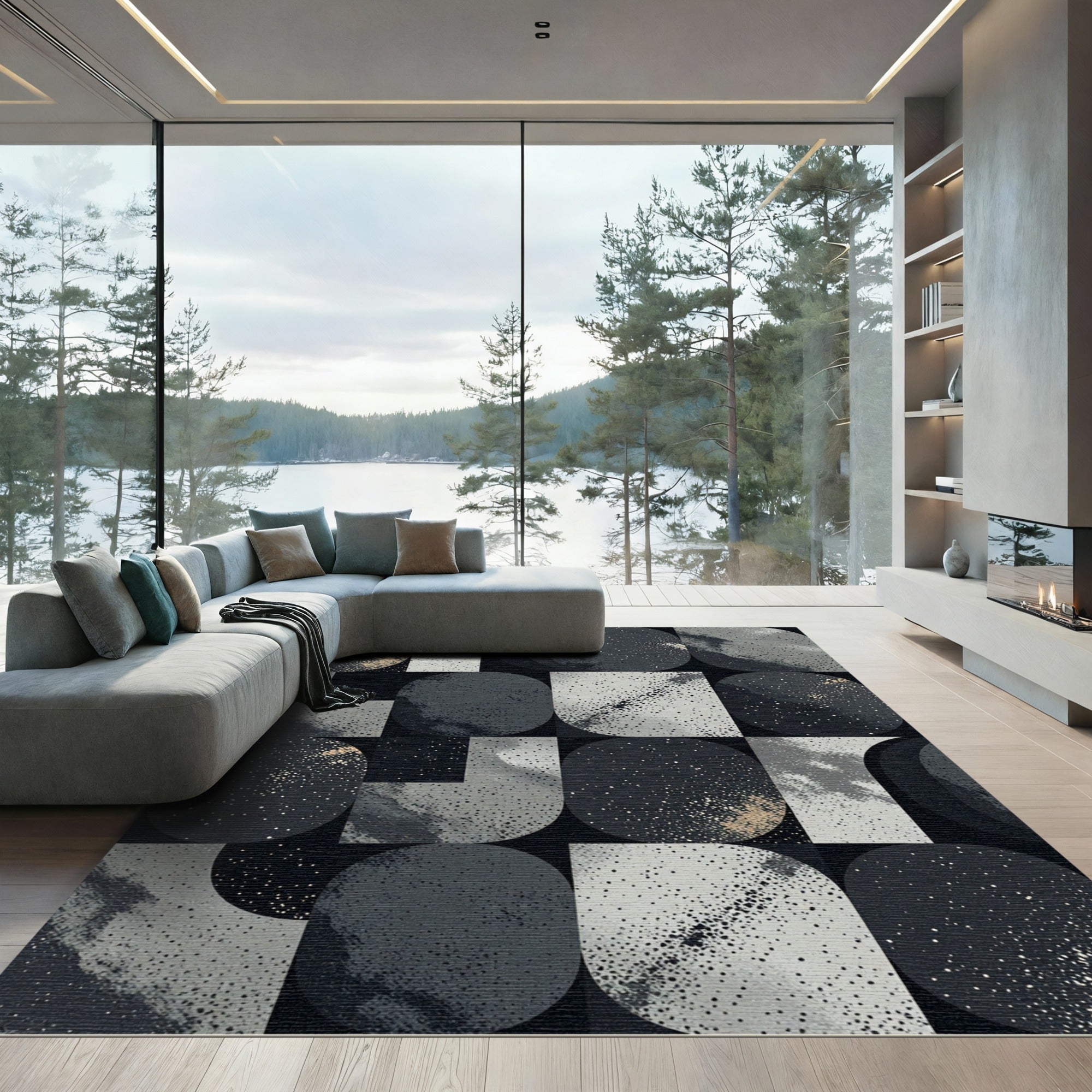 Modern Abstract Monochrome Celestial Geometric Rug