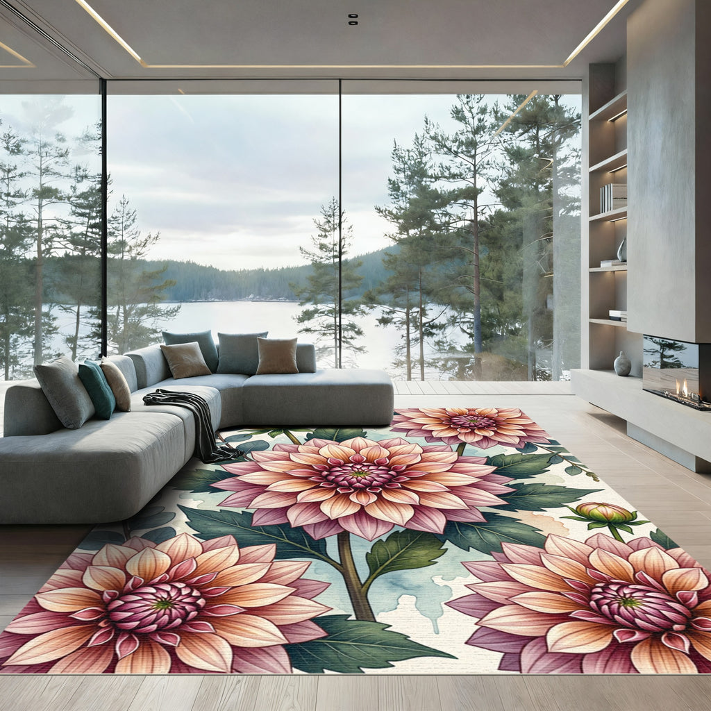 Soft Pink Dahlia Botanical Illustration Rug