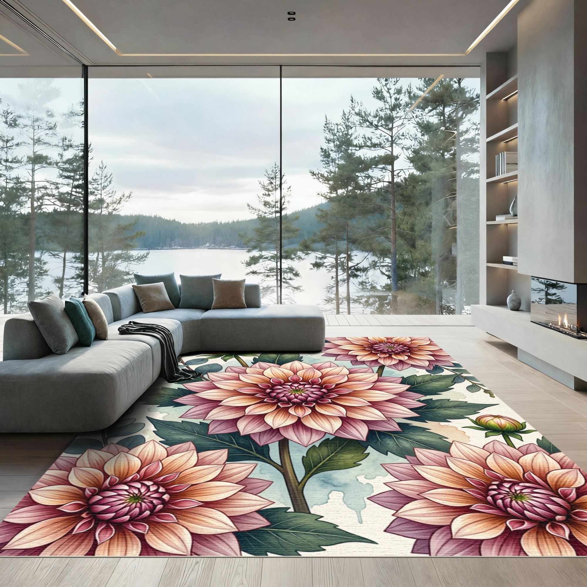 Soft Pink Dahlia Botanical Illustration Rug