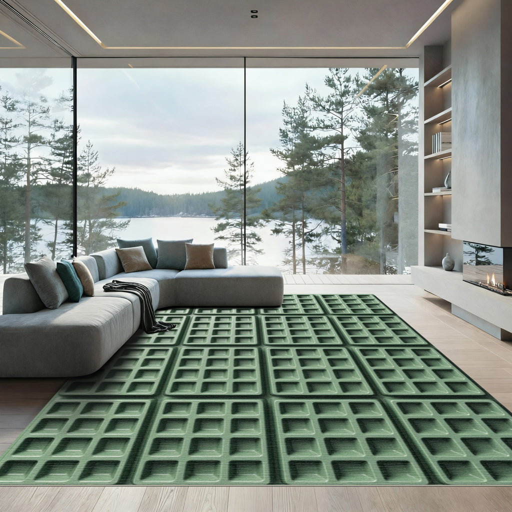 Sage Green Grid Textured Square Rug