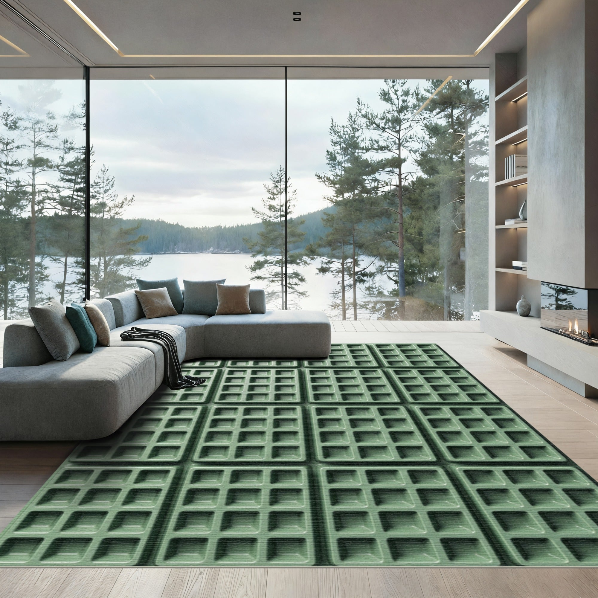 Sage Green Grid Textured Square Rug