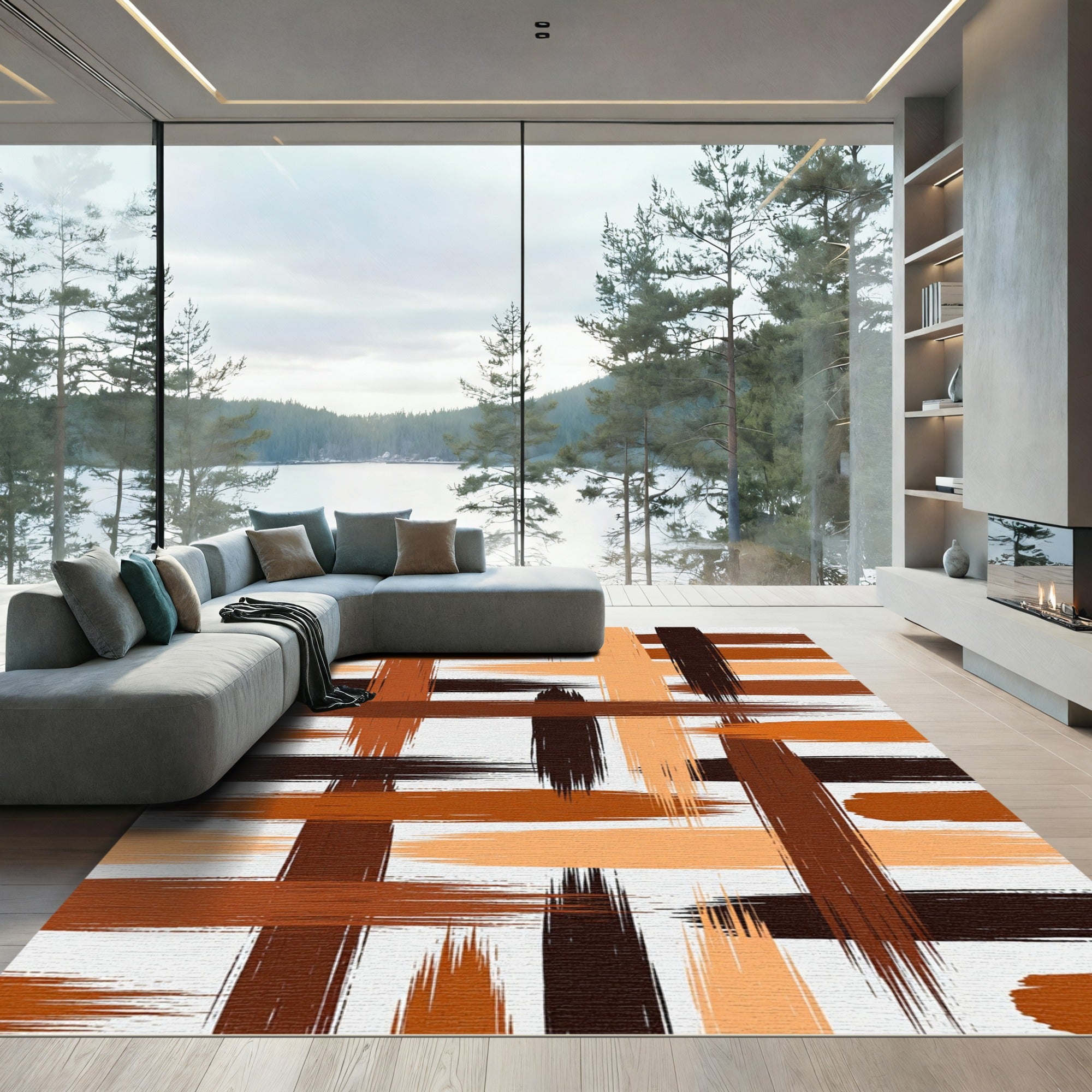 Earthy Brown Abstract Brushstroke Grid Rug