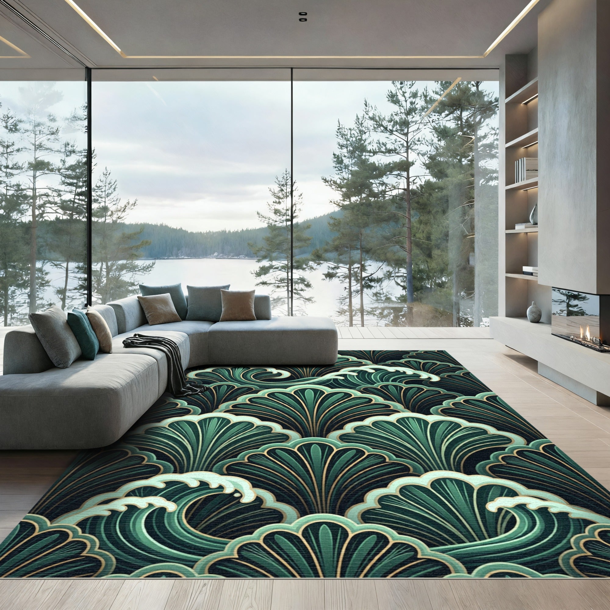 Emerald Green Ocean Wave Art Deco Rug