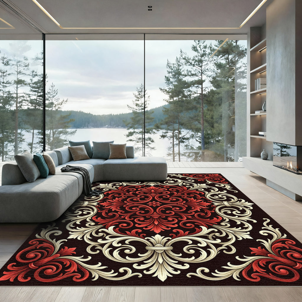 Baroque Crimson and Cream Damask Accents Rug