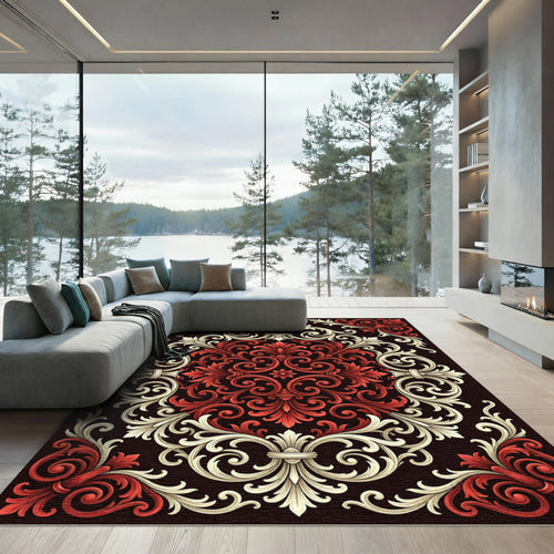 Baroque Crimson and Cream Damask Accents Rug