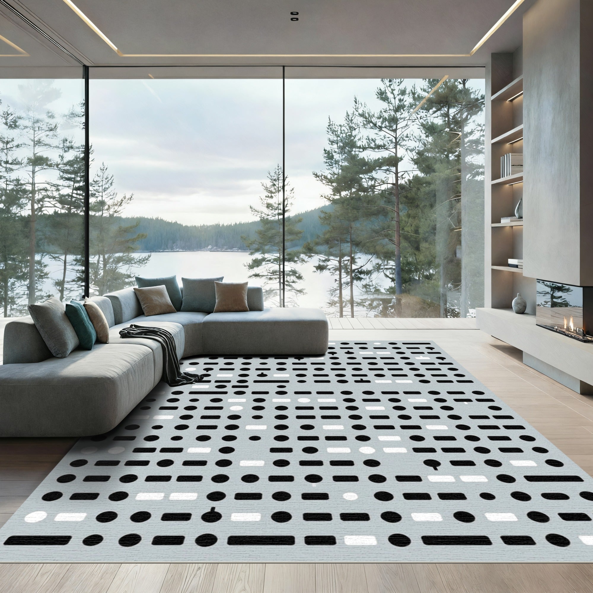 Monochrome Geometric Dot Dash Rug