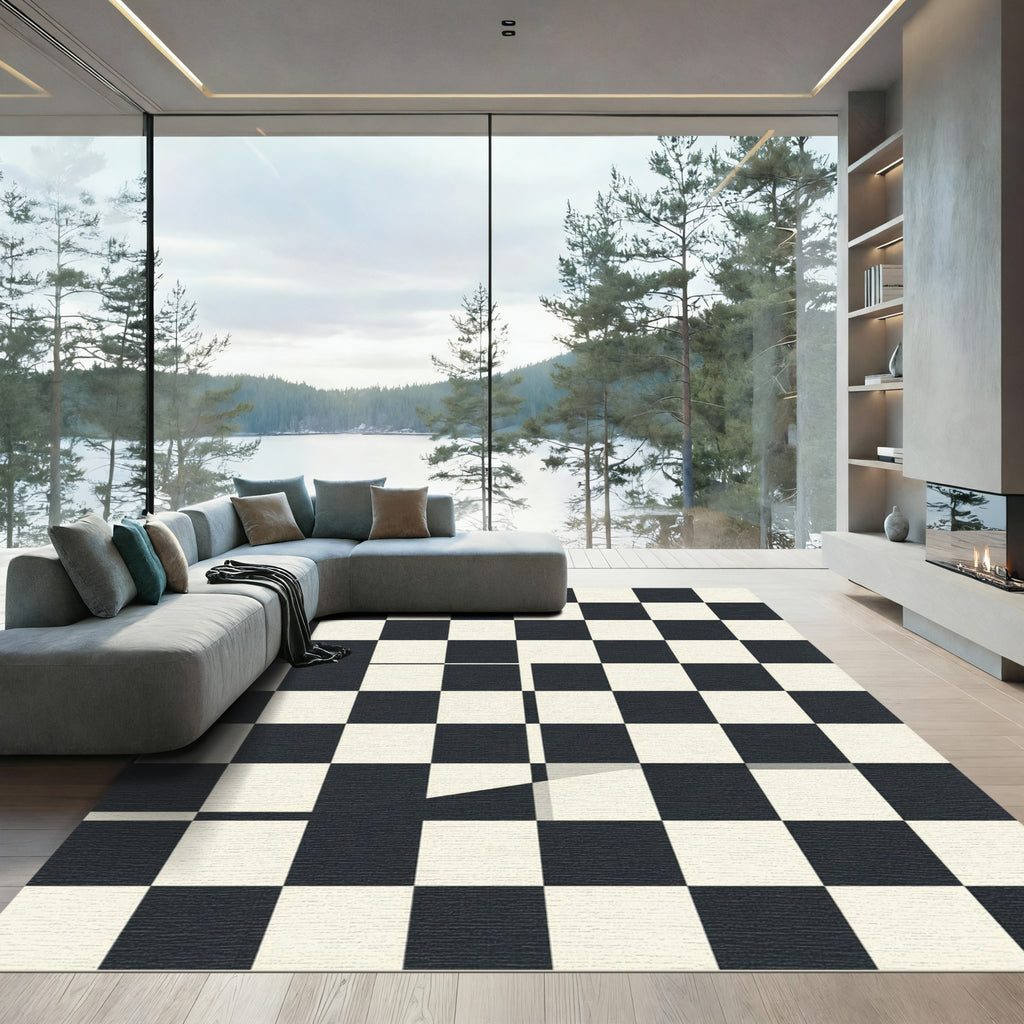 Black White Checkerboard Grid Rug