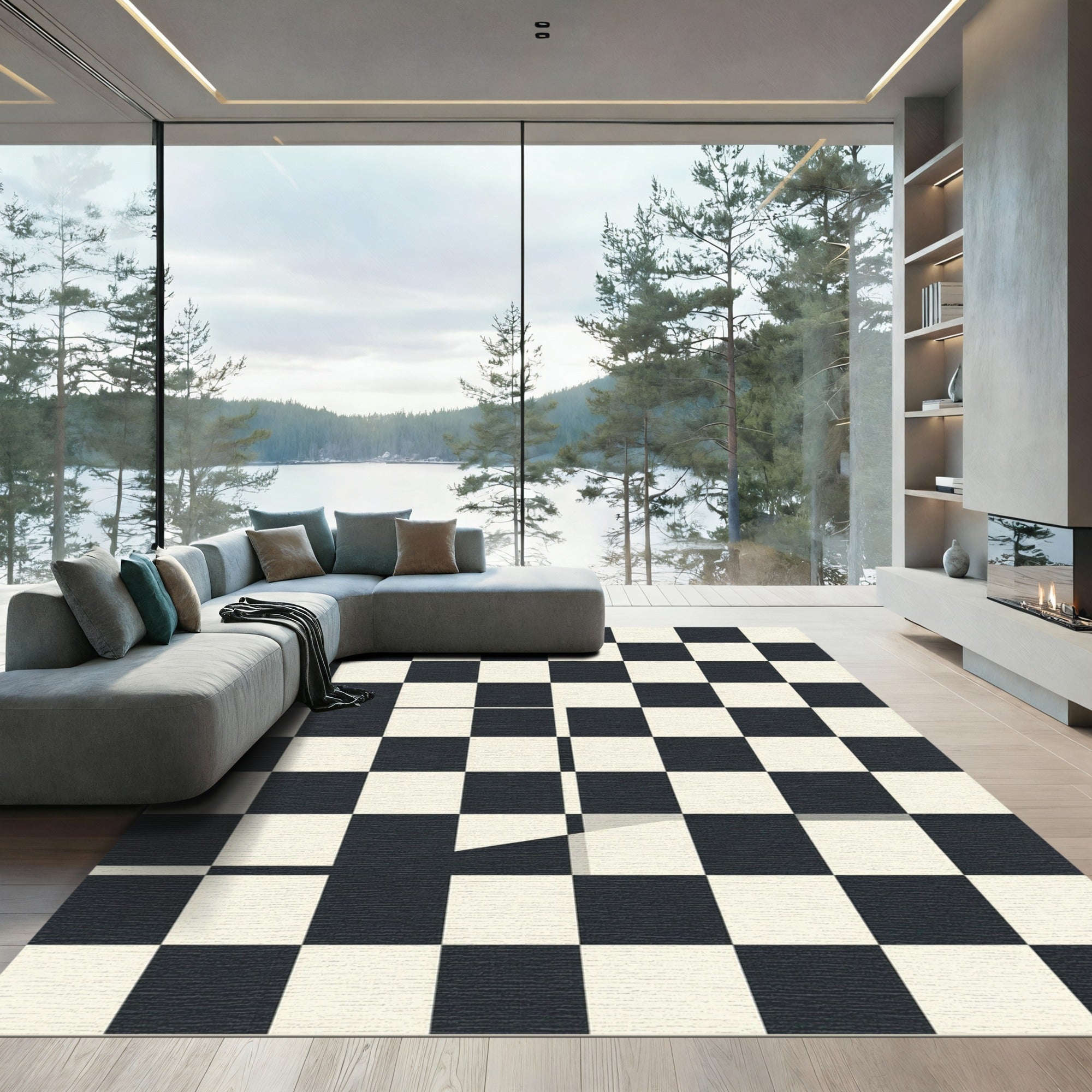 Black White Checkerboard Grid Rug