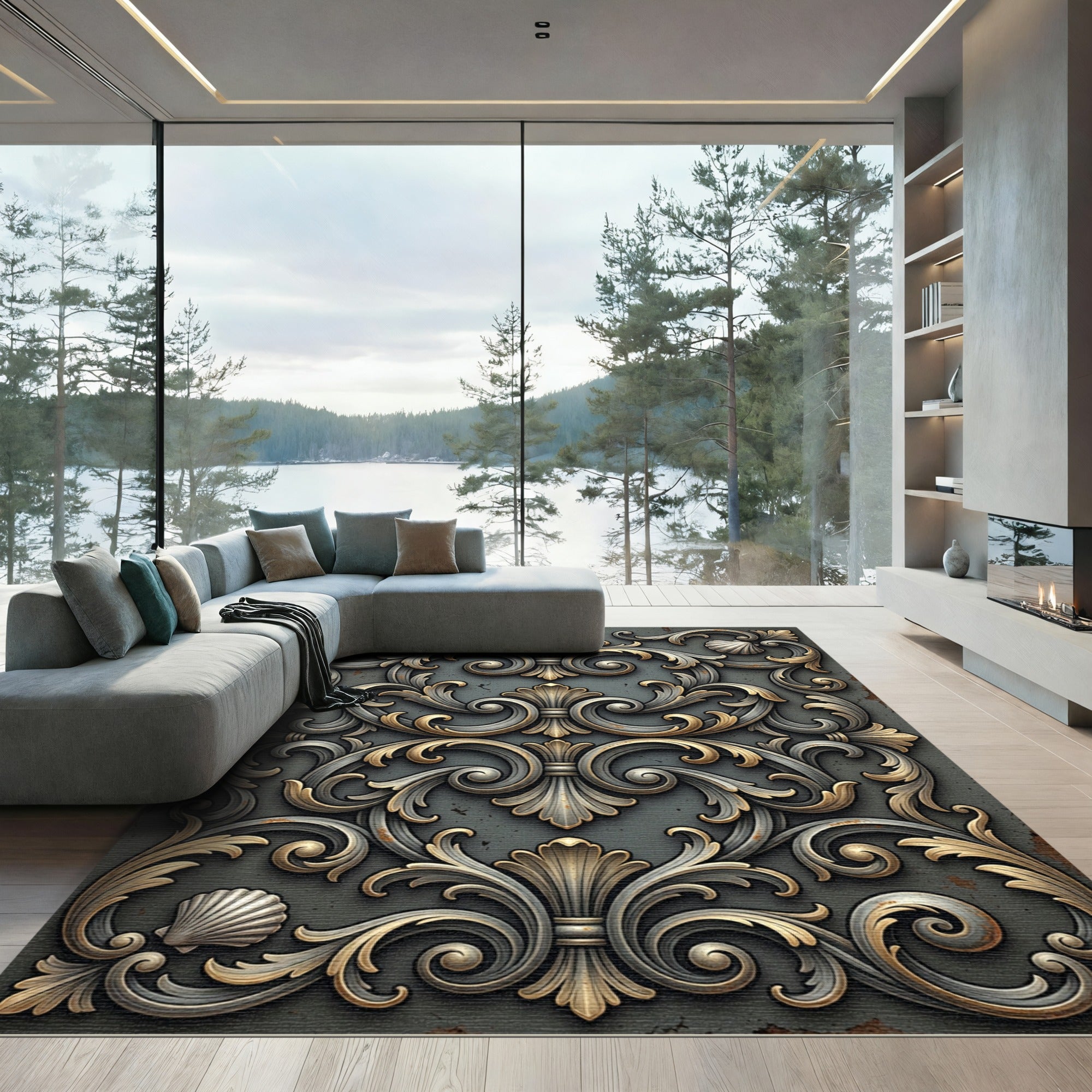 Ornate Metallic Baroque Scrolled Filigree Rug
