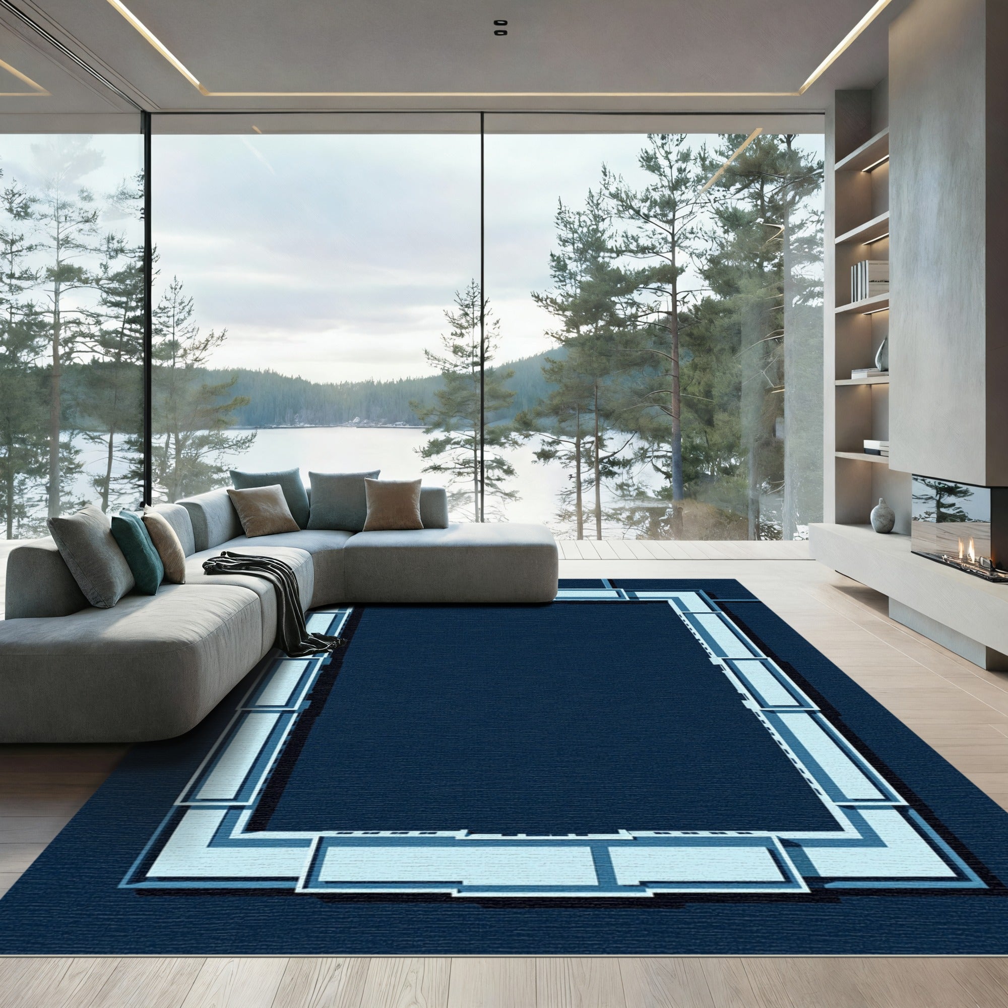 Deep Blue Rectangular Frame Rug
