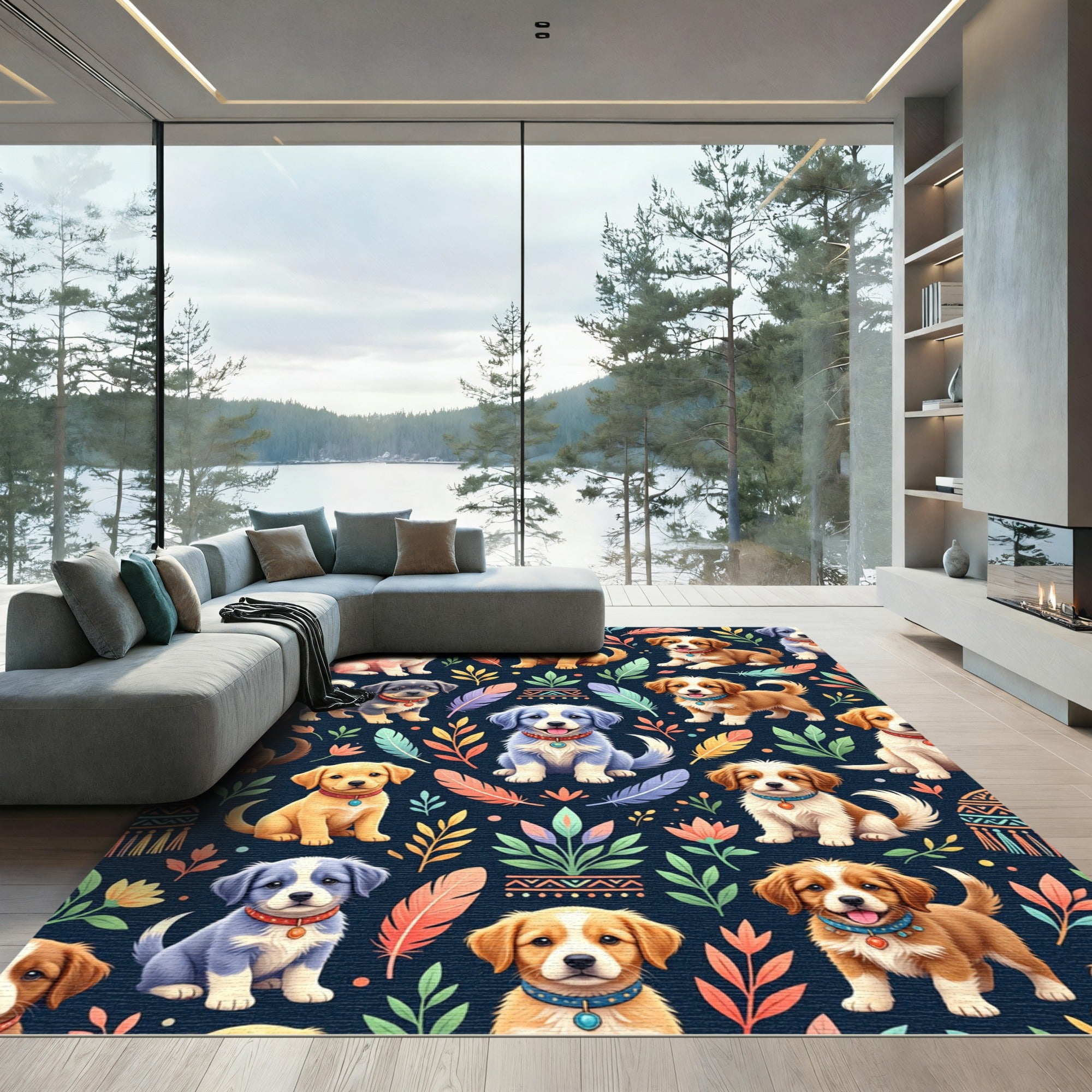 Cute Puppies with Feathers and Foliage Rug