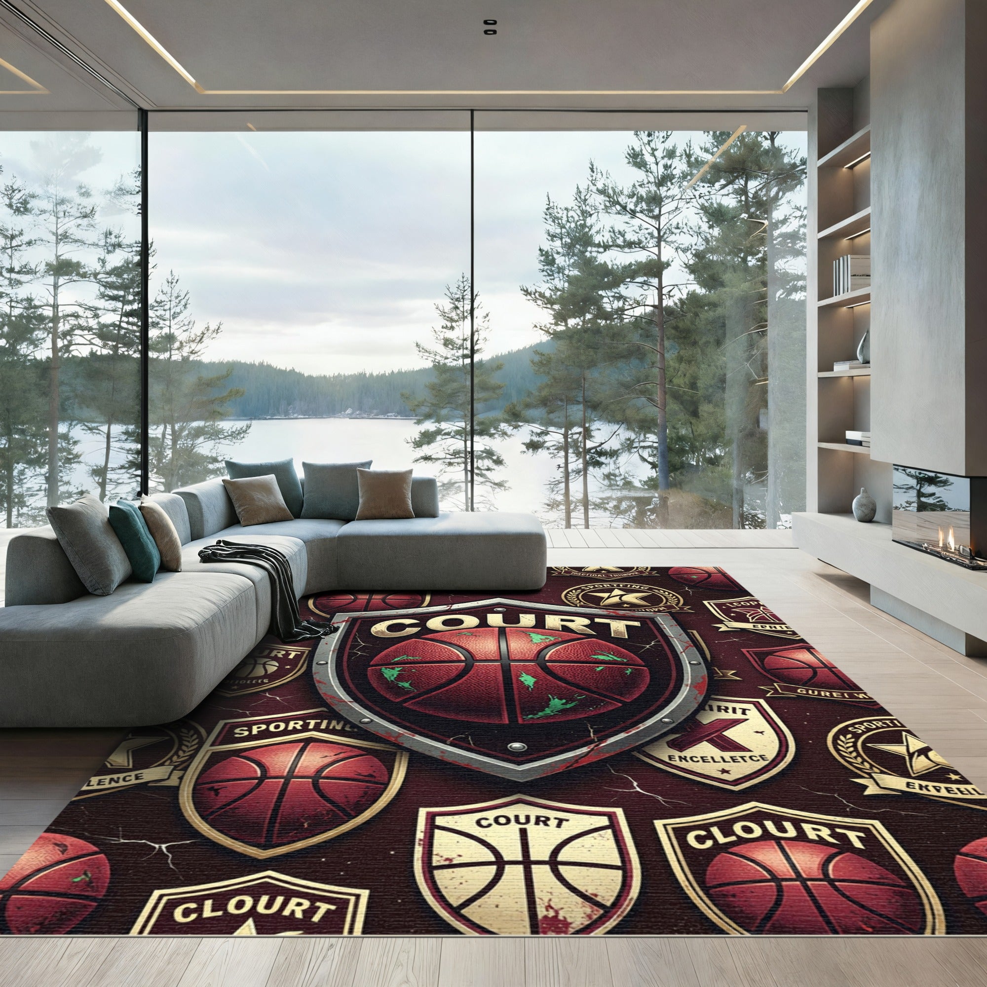Vintage Maroon Basketball Shield Emblem Rug