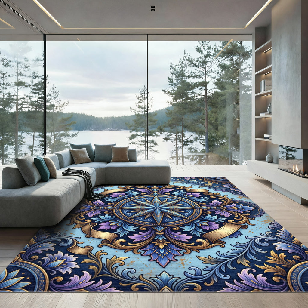 Ornate Compass Blue Gold Scroll Rug