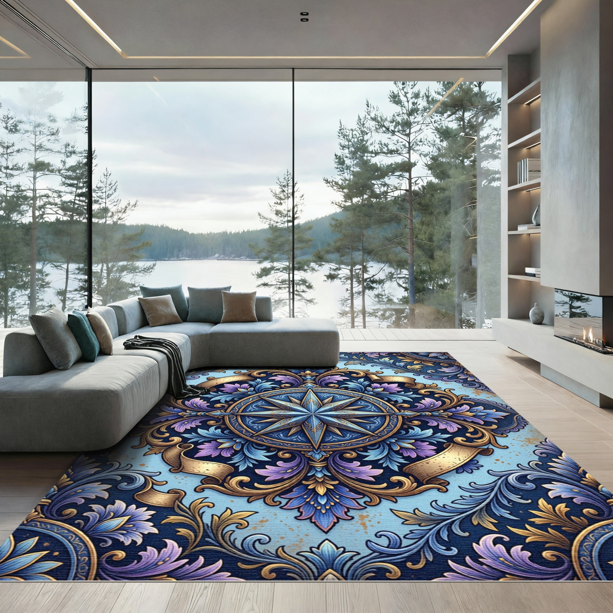 Ornate Compass Blue Gold Scroll Rug