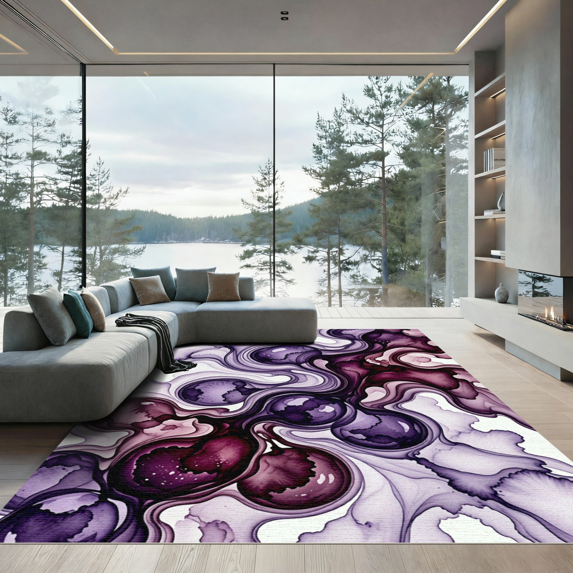 Abstract Plum Ink Flow Swirl Rug
