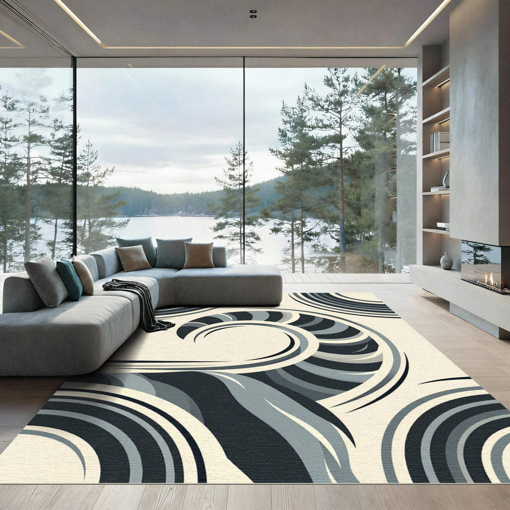 Modern Monochrome Abstract Swirl Art Rug