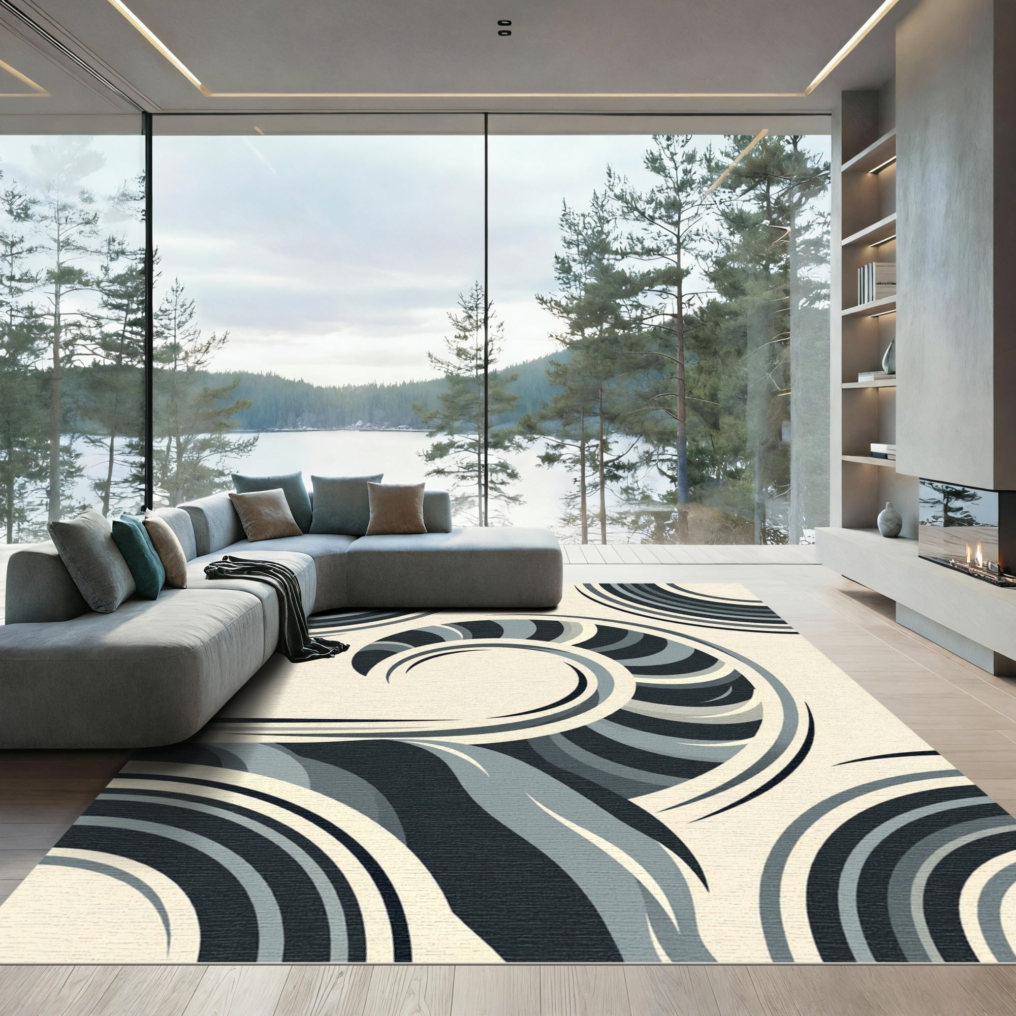 Modern Monochrome Abstract Swirl Art Rug
