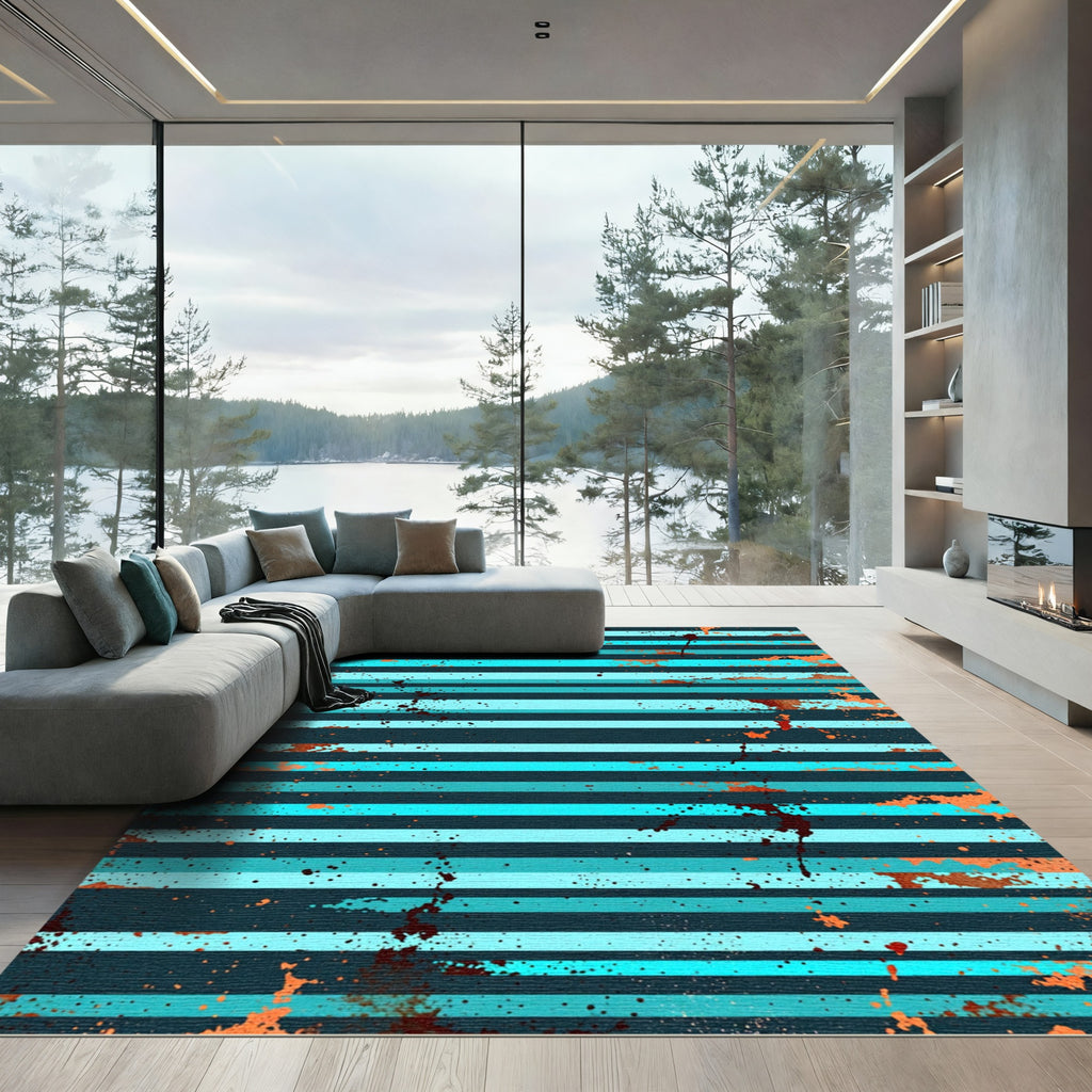 Distressed Turquoise and Copper Horizontal Stripe Rug