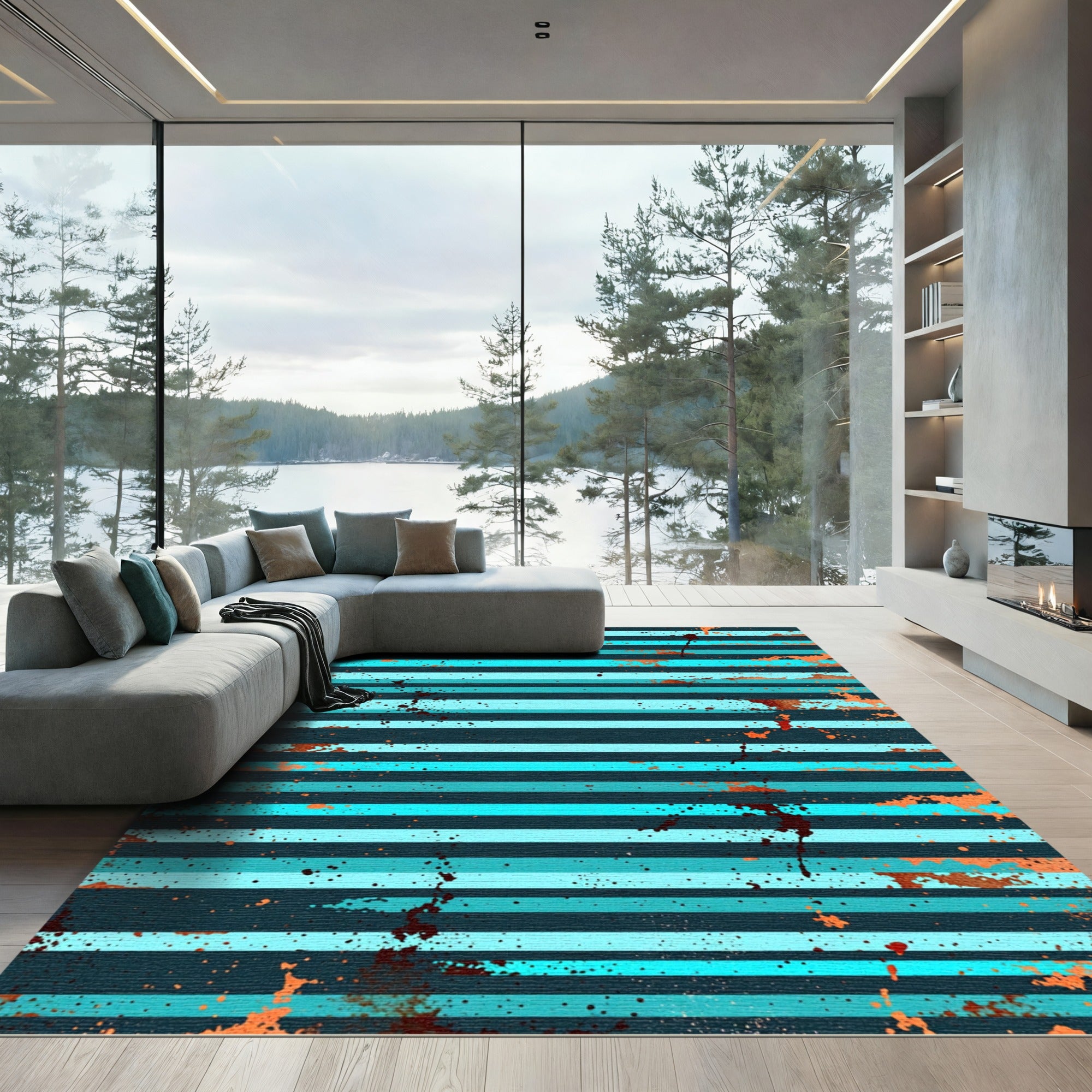 Distressed Turquoise and Copper Horizontal Stripe Rug