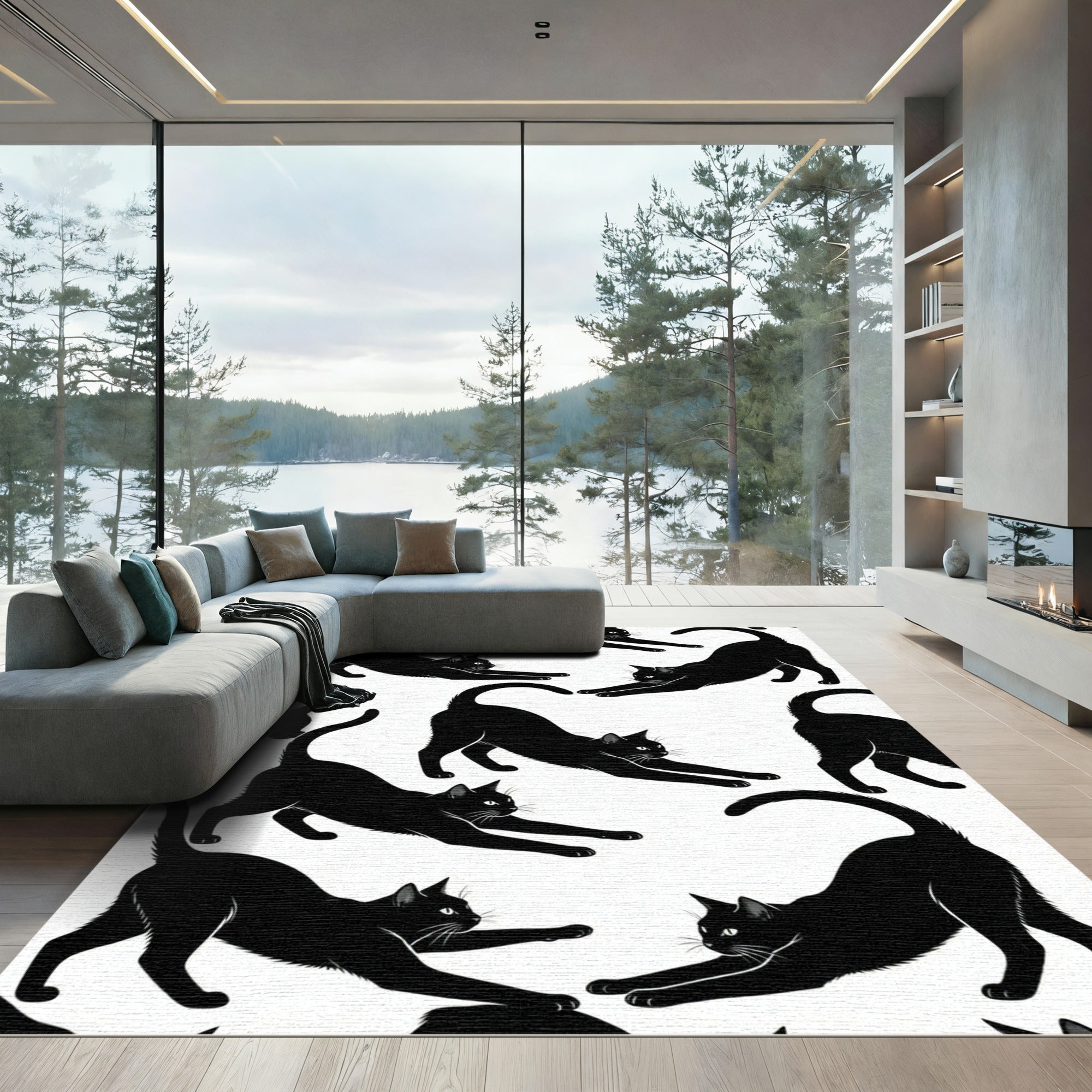 Black Cats Stretching Abstraction Rug