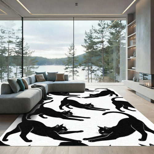 Black Cats Stretching Abstraction Rug