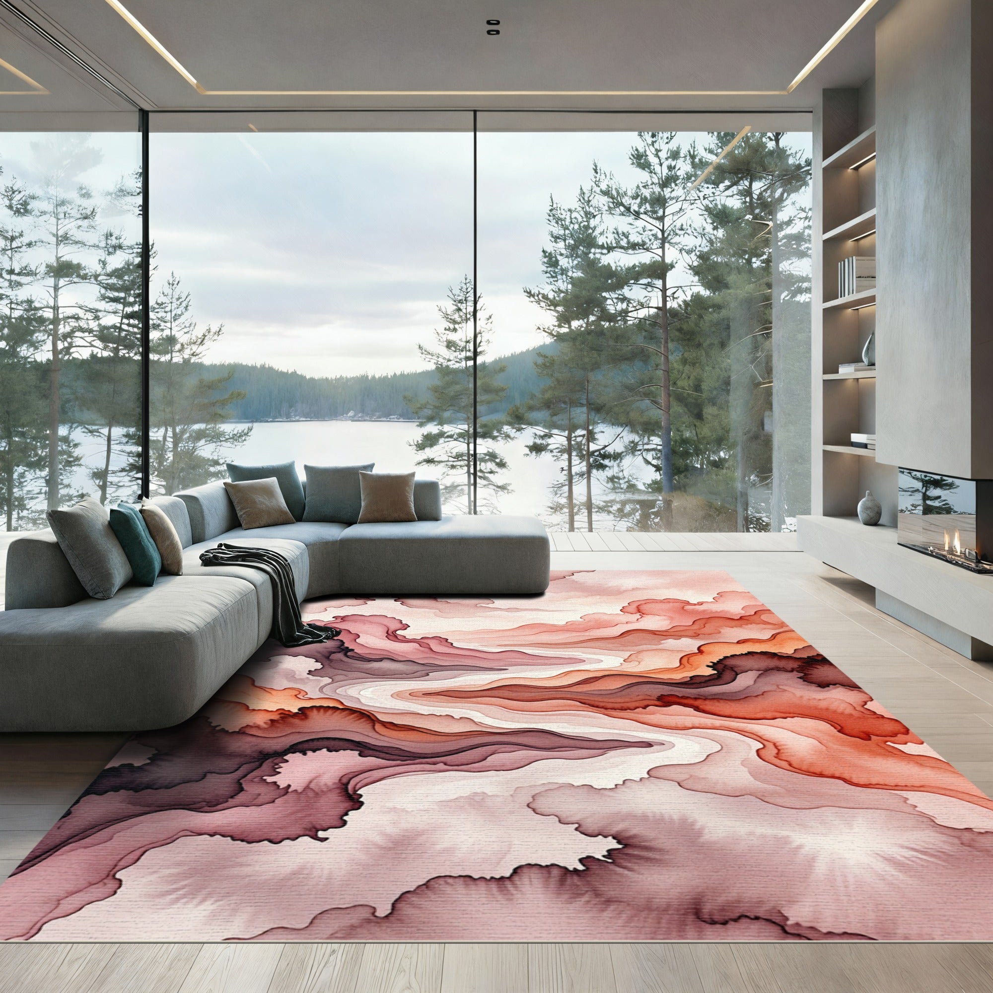 Ethereal Crimson Watercolor Fluid Landscape Rug