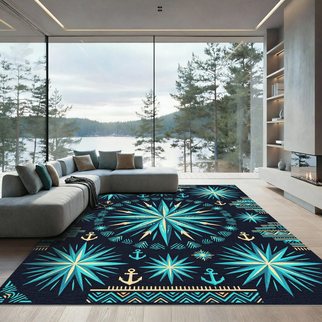 Nautical Teal Star Compass Anchor Rug