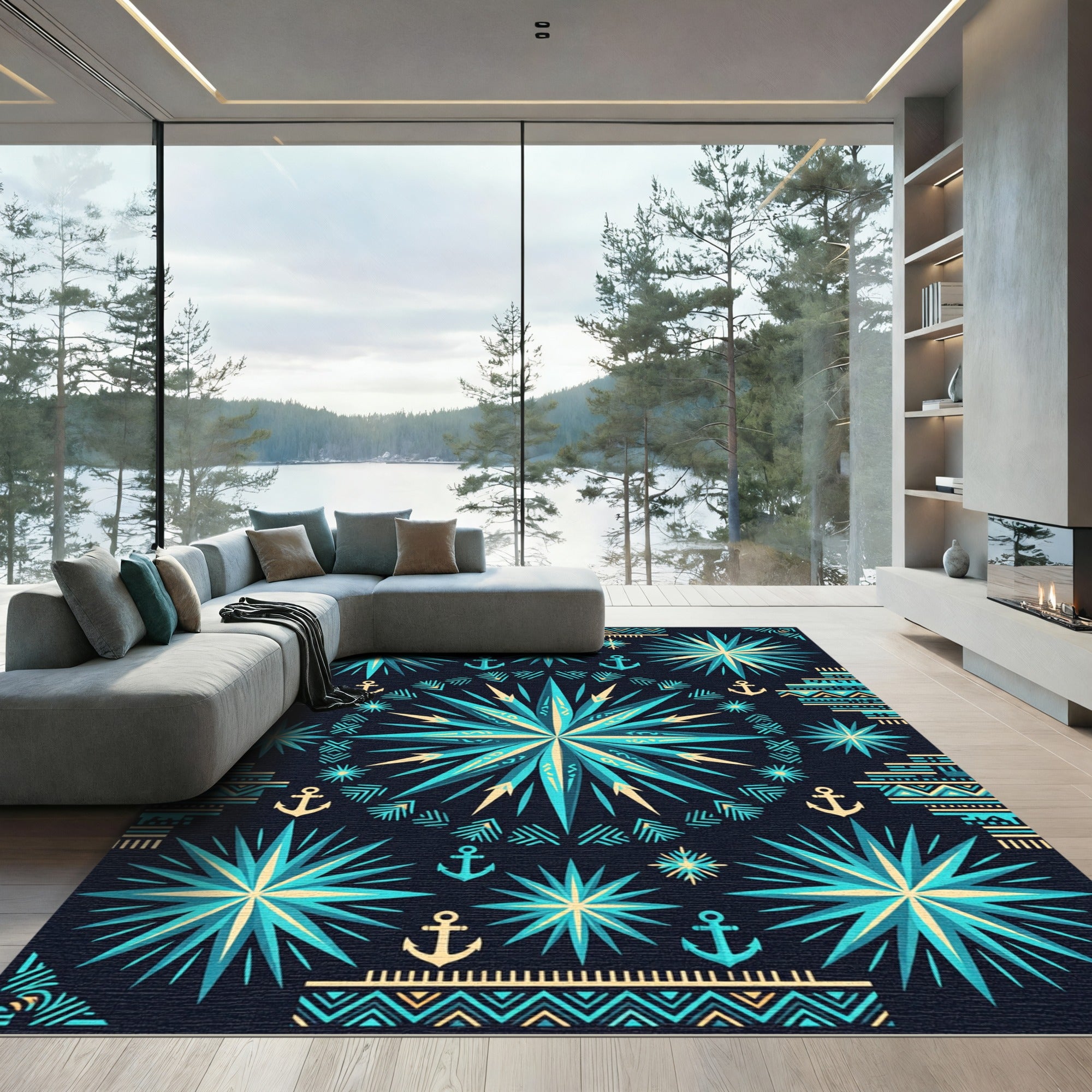 Nautical Teal Star Compass Anchor Rug