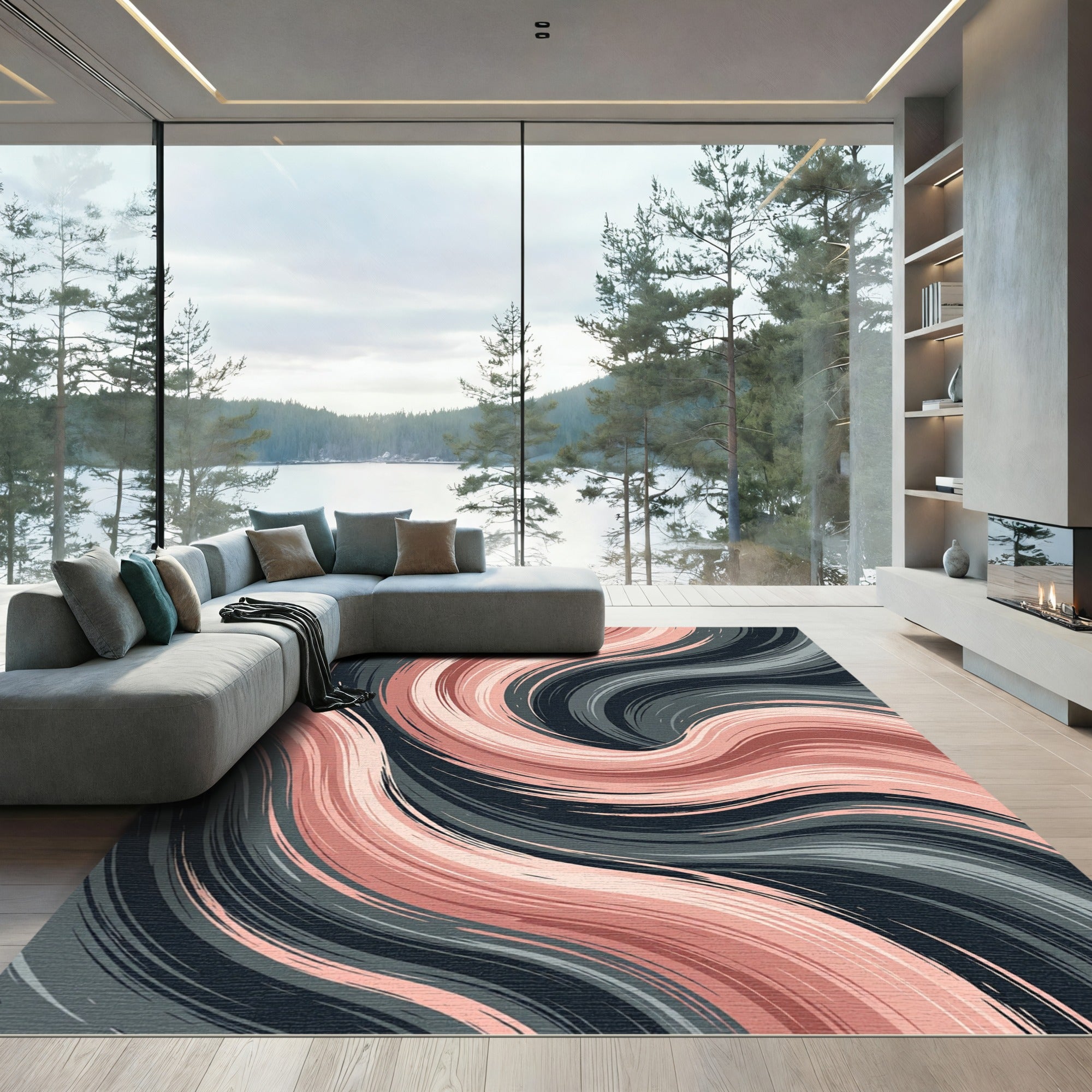 Modern Dusty Rose and Charcoal Swirl Rug