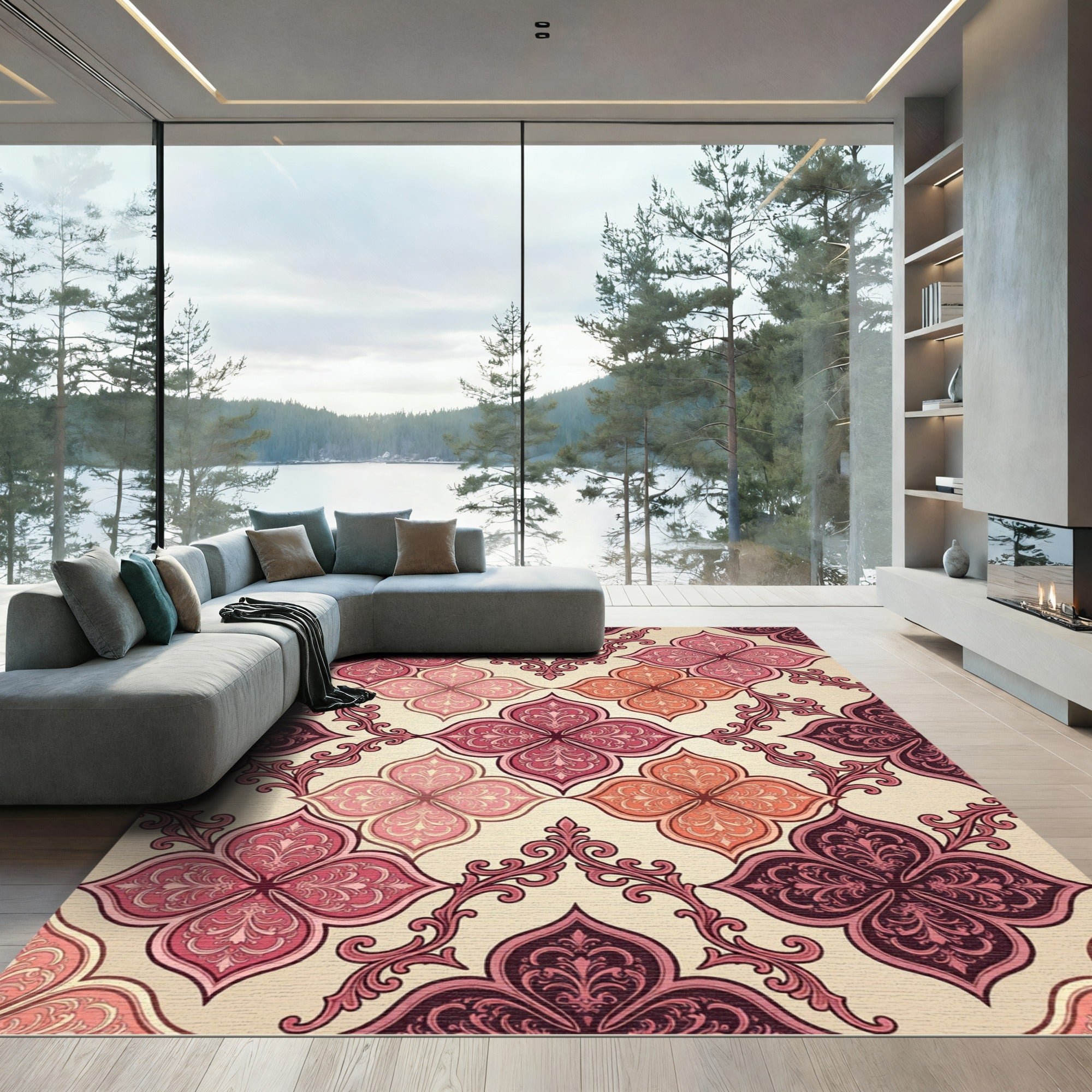 Crimson Pink Quatrefoil Arabesque Rug