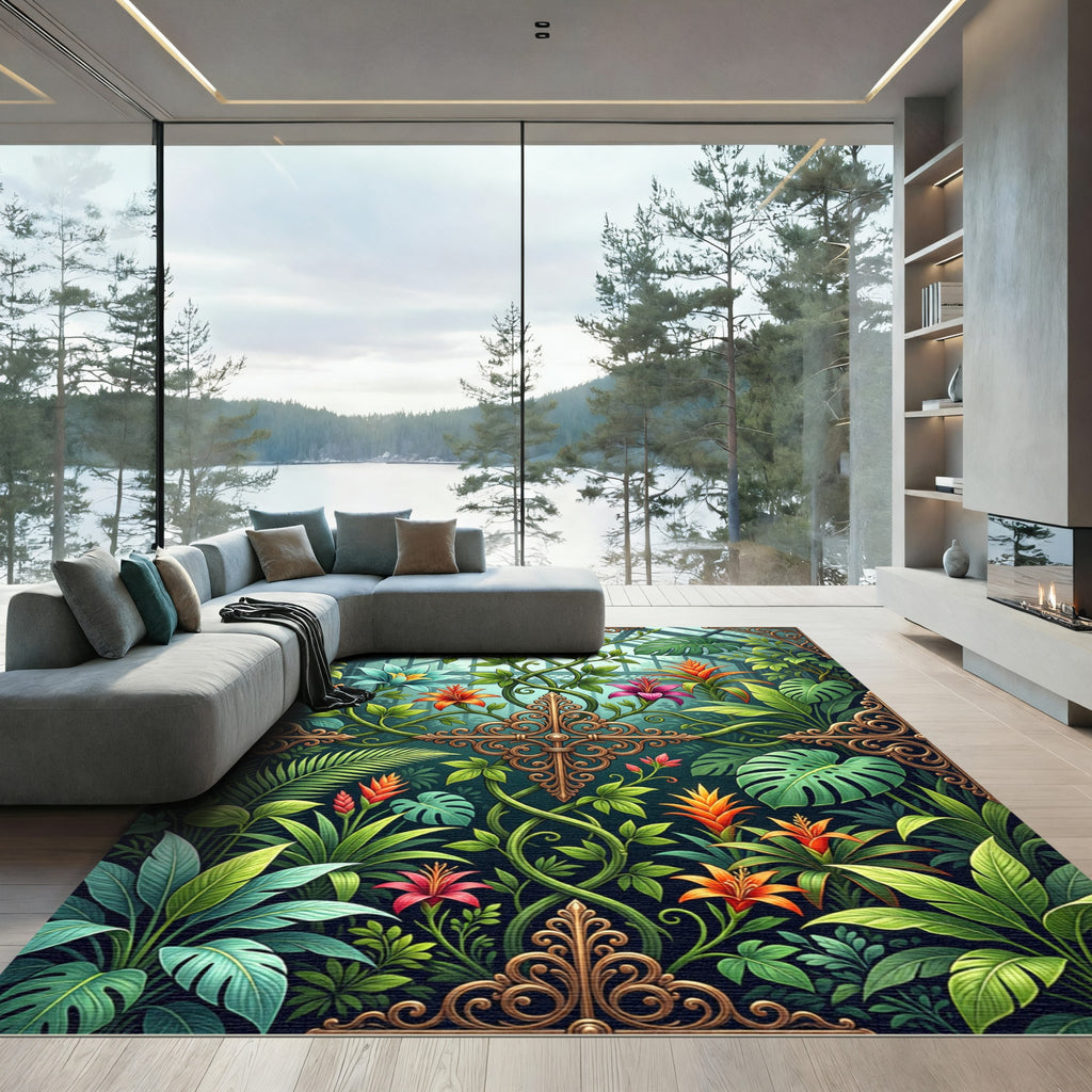 Lush Gold Ornate Botanical Greenhouse Rug