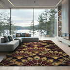 Elegant Gold Peacock Fan Dark Burgundy Rug