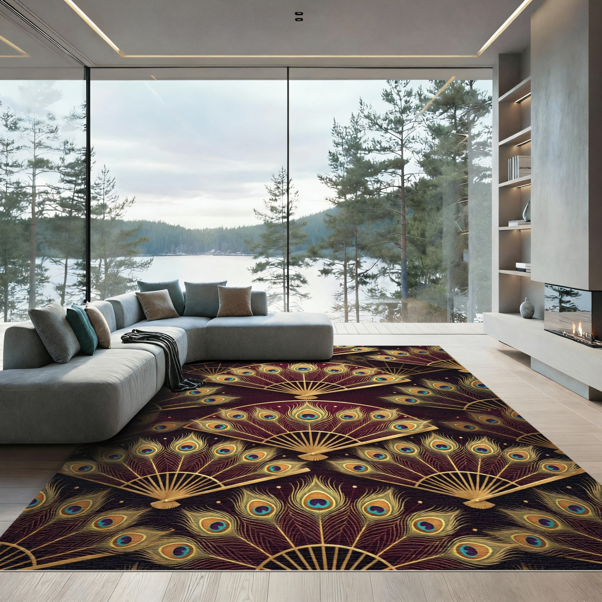 Elegant Gold Peacock Fan Dark Burgundy Rug