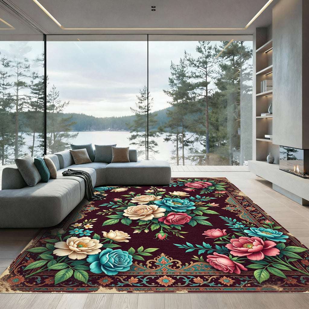 Vintage Crimson Floral Rose Abundance Rug