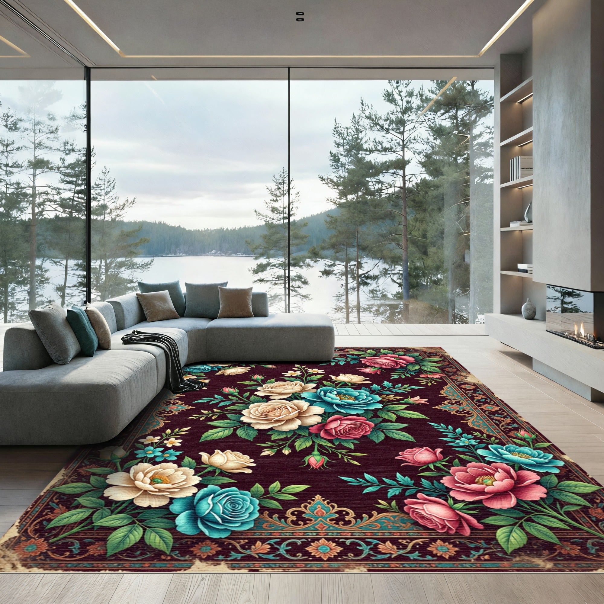 Vintage Crimson Floral Rose Abundance Rug