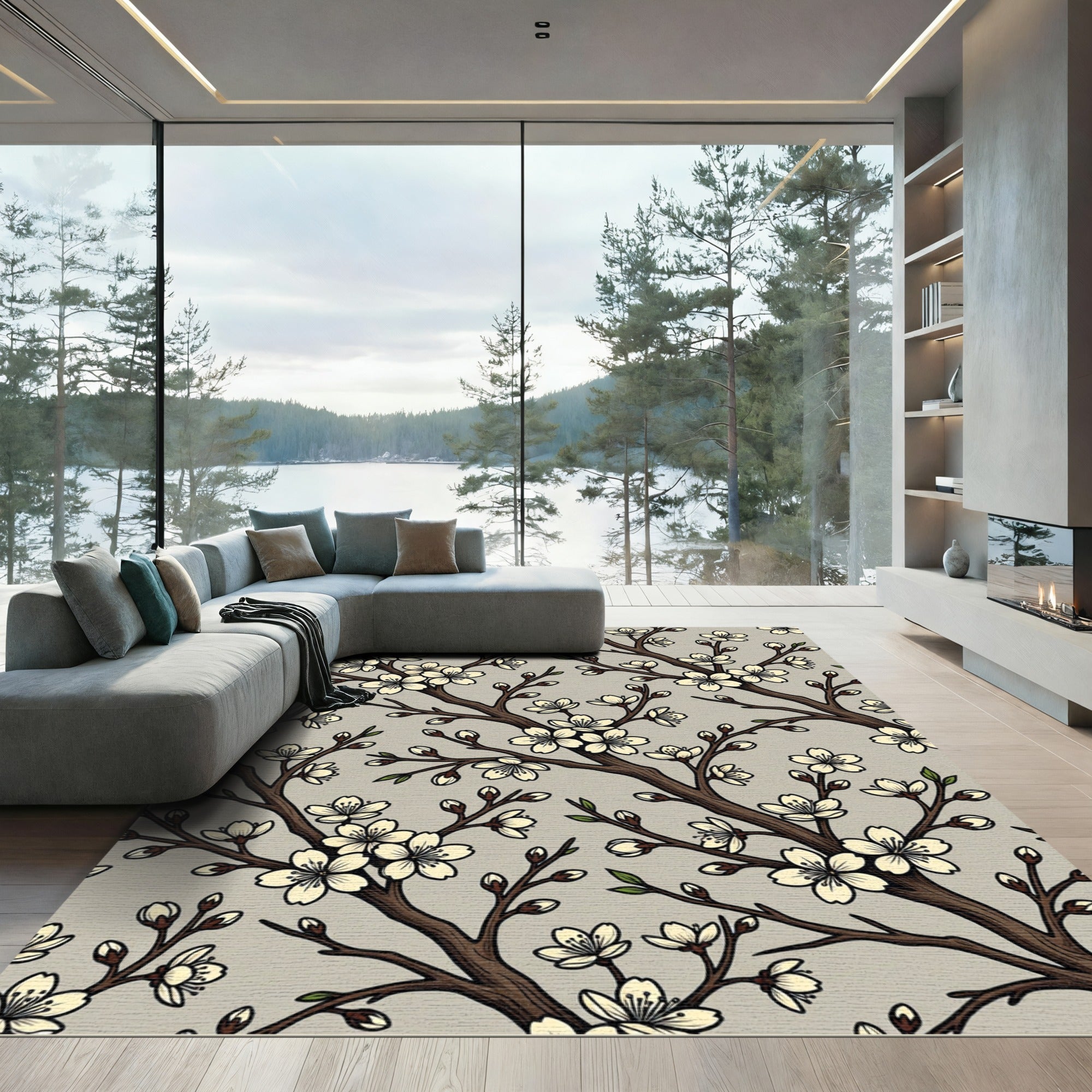 Elegant Cherry Blossom Branch Neutral Rug